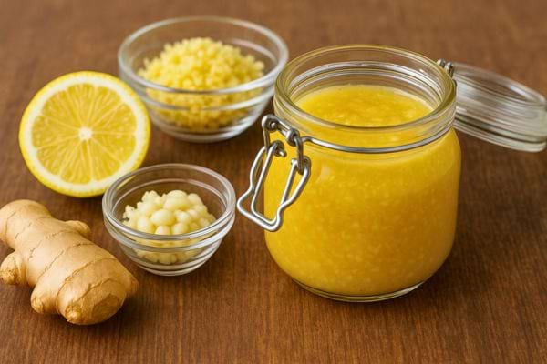 Un pot de préparation jaune entouré de citron, gingembre et petits bols.