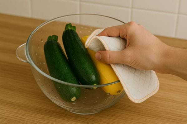 Un chiffon lavable sert à nettoyer des courgettes dans une passoire.