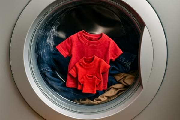 Deux t-shirts rouges rétrécis visibles dans un tambour de machine à laver.