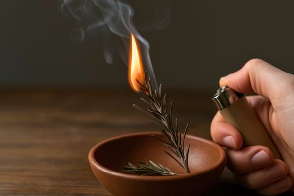 Une main allume une branche de romarin au-dessus d’un petit bol en terre cuite, libérant de la fumée.