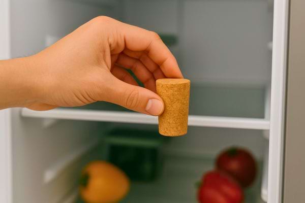 Un bouchon de liège est placé dans un réfrigérateur ouvert.