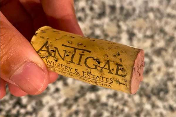 Un bouchon de vin déjà utilisé est tenu entre deux doigts.
