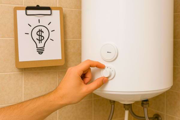 Une main tourne le bouton d’un chauffe-eau mural pour régler la température et réduire la consommation d’électricité.