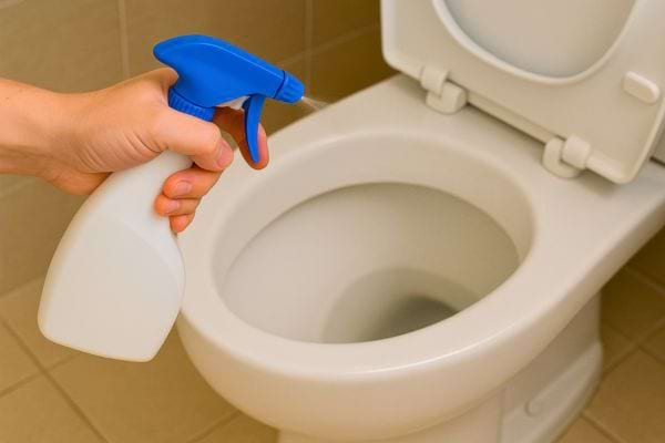 Main tenant un spray blanc dirigé vers une cuvette de toilettes.