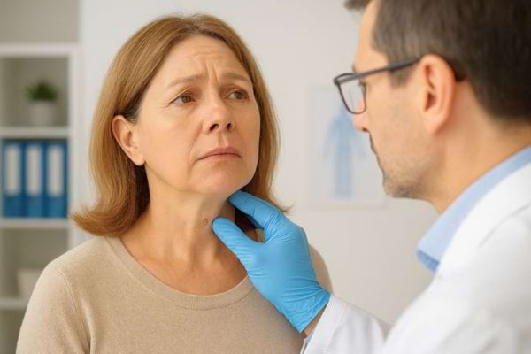 Un médecin examine le cou d’une femme inquiète.