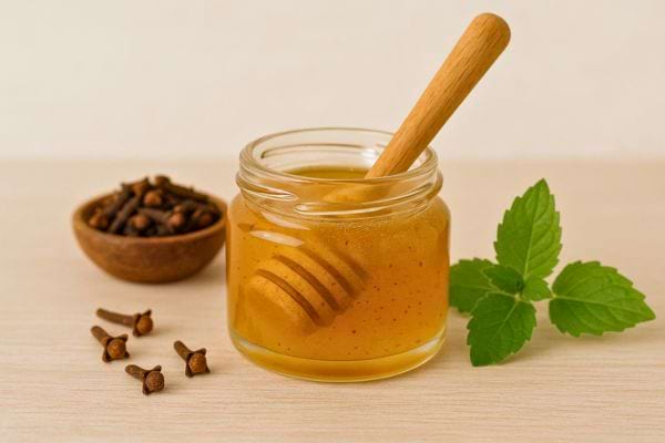 Un pot de miel avec du clou de girofle posé à côté.