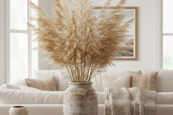 Du miscanthus ou "roseau de Chine" dans un vase en d&eacute;co int&eacute;rieure