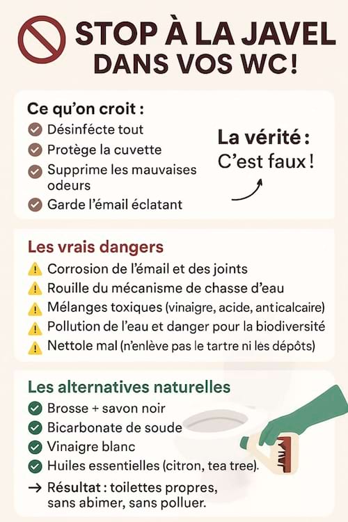 infographie pour comprendre. les dangers à utiliser la javel dans les wc