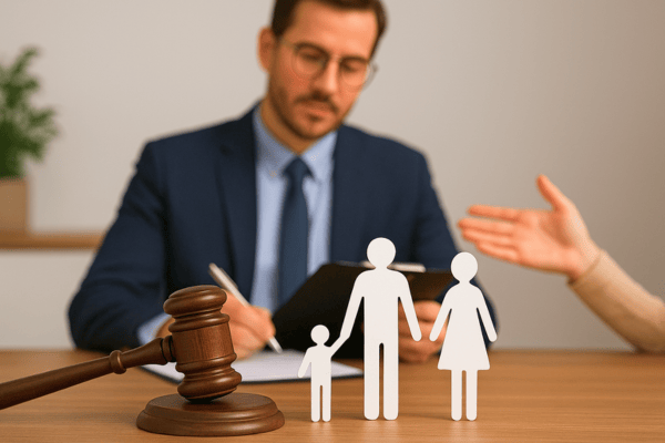 Un notaire présente un dossier avec des figurines de famille et un maillet.