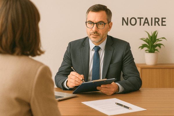 Un notaire en costume explique des points juridiques à une cliente.