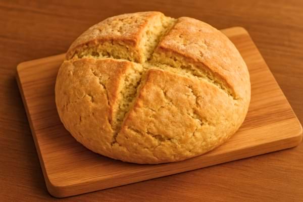 Un pain rond doré avec des entailles en croix sur une planche en bois.