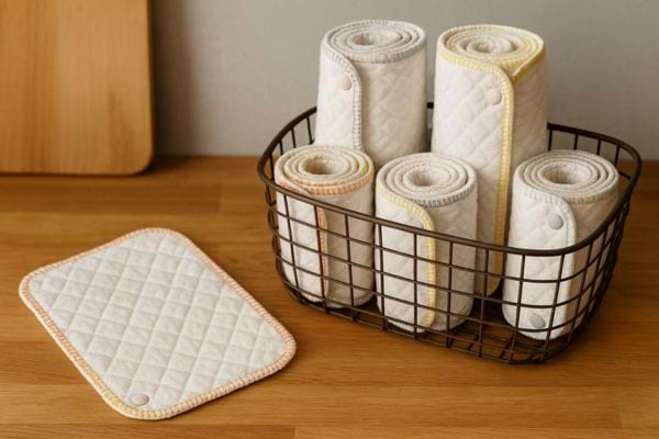 Des rouleaux d’essuie-tout lavables sont rangés dans un panier en cuisine.