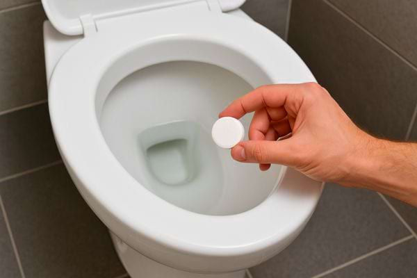 Une main dépose une pastille blanche dans la cuvette des toilettes.
