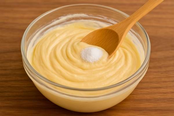 Un saladier de pâte épaisse avec une cuillère en bois ajoutant du bicarbonate.