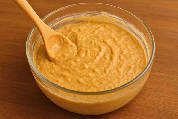 Un saladier rempli de pâte à gâteau onctueuse avec une cuillère en bois.