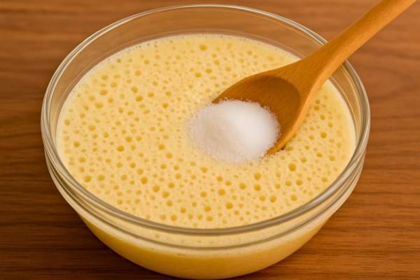 Un saladier de pâte à gâteau aérée avec une cuillère ajoutant du sucre.