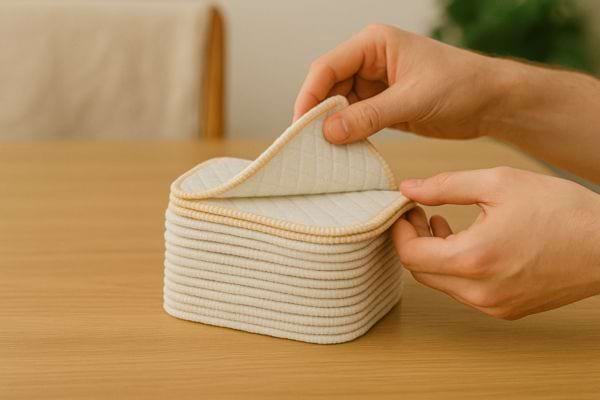 Une pile de chiffons réutilisables est soigneusement rangée sur une table.