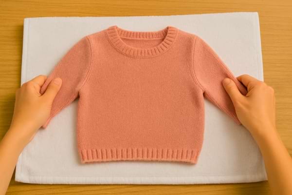 Pull rose posé sur une serviette, étalé soigneusement à la main.