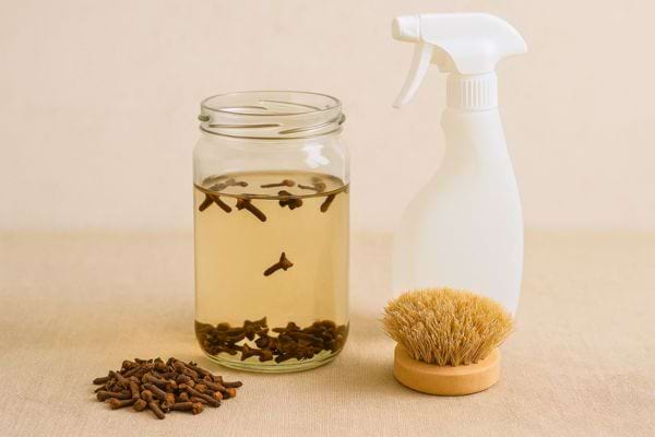 Clous de girofle secs, bocal et spray posés sur une table.