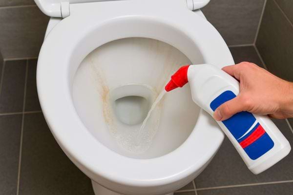 Une main verse un produit ménager liquide dans la cuvette des toilettes.