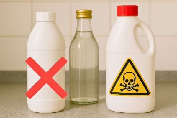 Produits ménagers alignés avec un signe de danger et une croix rouge.