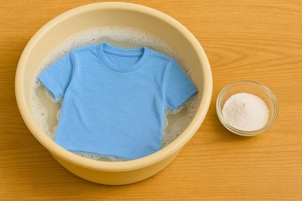 T-shirt bleu dans une bassine savonneuse avec un bol de bicarbonate.