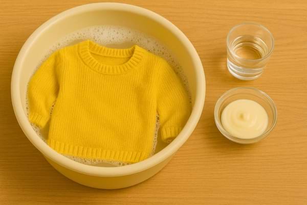 Pull jaune trempant dans une bassine savonneuse avec eau et mayonnaise.