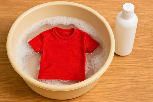 T-shirt rouge dans une bassine savonneuse avec une bouteille blanche.