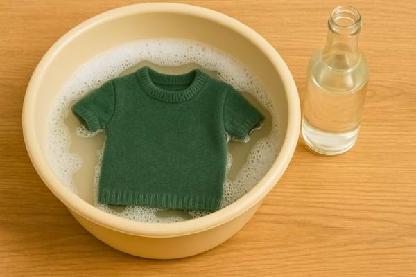 Pull vert dans une bassine savonneuse à côté d’une bouteille de vinaigre.
