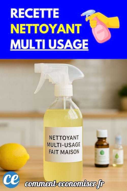 Bouteille de nettoyant multi-usage fait maison posée en cuisine.