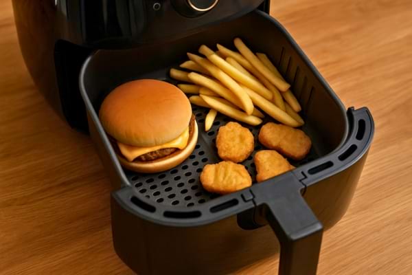 Un cheeseburger avec frites et nuggets est placé dans la cuve d’une friteuse à air.