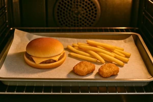 Un cheeseburger avec frites et nuggets est réchauffé sur une plaque au four.
