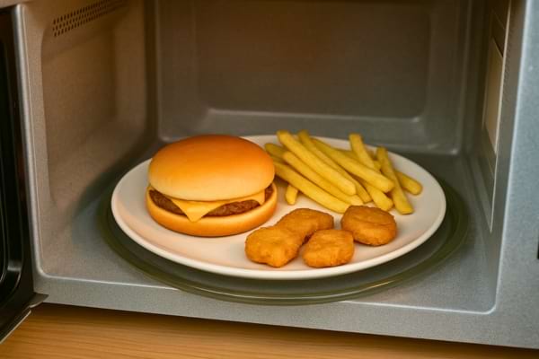 Un cheeseburger avec frites et nuggets est disposé dans une assiette au micro-ondes.