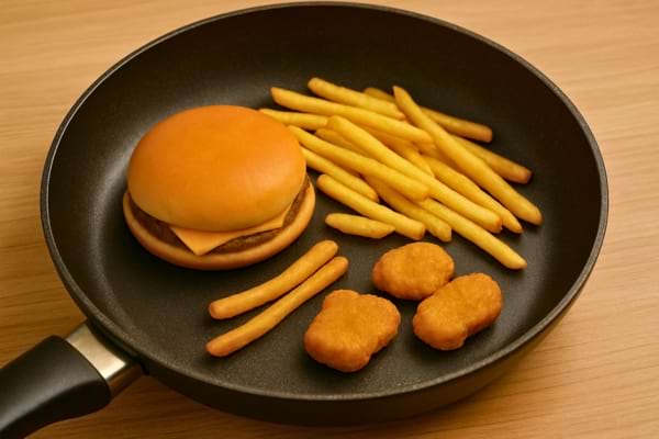 Un cheeseburger avec frites et nuggets est placé dans une poêle sur la table.