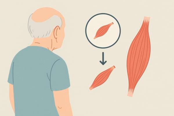 Vieil homme regarde une illustration montrant la diminution du muscle.