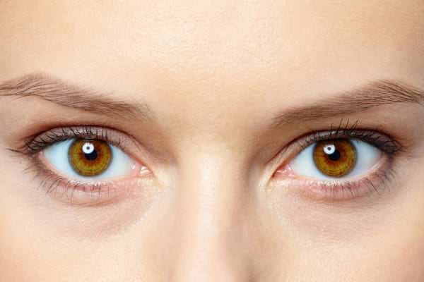 Un gros plan sur des yeux noisette fixant droit devant.