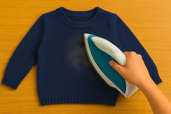 Main repassant un pull bleu avec un fer à repasser.