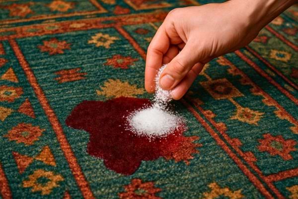 Une main verse du sel blanc directement sur une tache rouge de tapis.