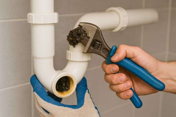 Un siphon de cuisine est démonté et bouché par un amas noir.