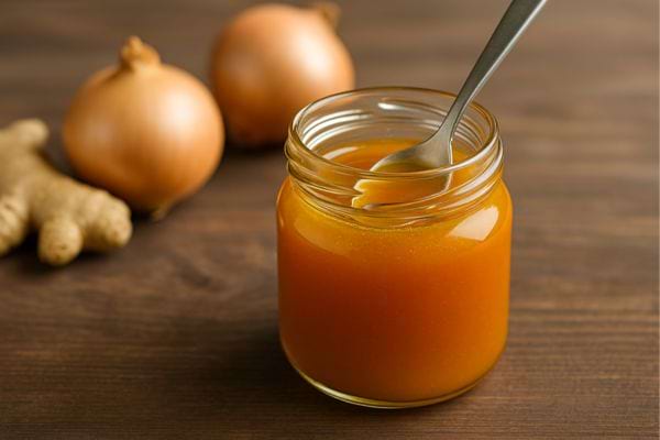 Sirop maison dans pot avec cuillère.