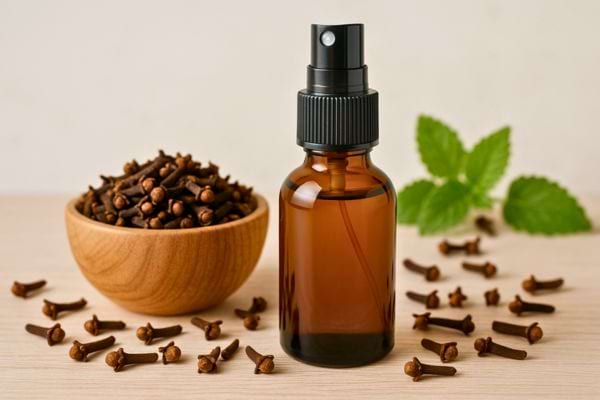 Un spray d’huile de clou de girofle posé à côté d’un bol et de graines.