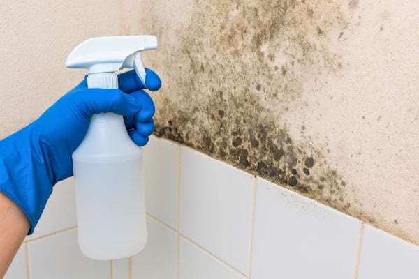 Main gantée vaporisant un produit nettoyant sur un mur moisi.