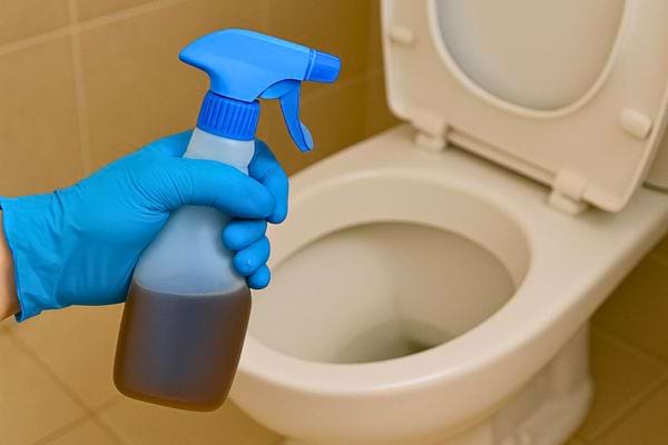 Main gantée tenant un spray brun devant une cuvette de toilettes ouverte.