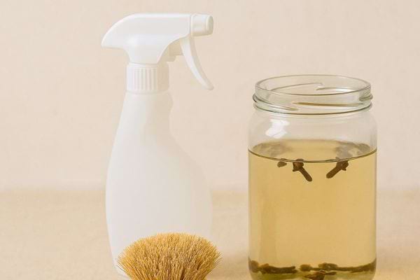 Spray blanc à côté d’un bocal de vinaigre aux clous de girofle.