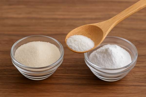Deux coupelles de sucre et de bicarbonate avec une cuillère en bois au-dessus.