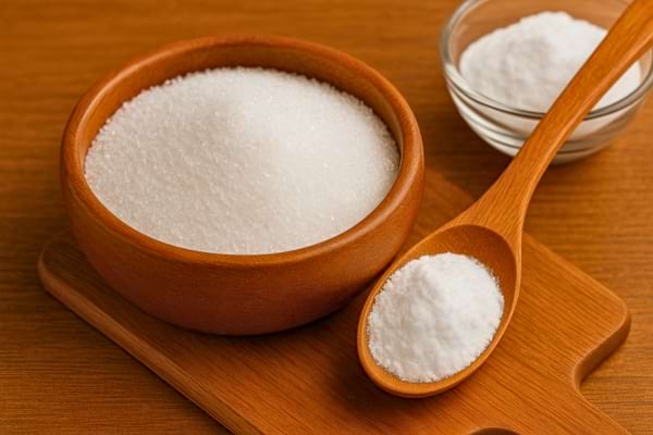 Un bol de sucre blanc avec une cuillère en bois remplie et un petit bol en arrière-plan.