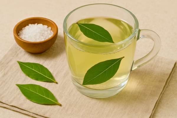 Une tasse de tisane claire avec des feuilles de laurier flottant et du sel à côté.