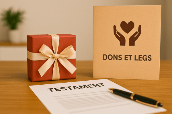 Un testament est posé à côté d’un coffret cadeau et d’un dossier « dons et legs ».