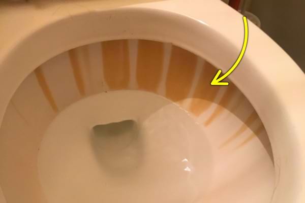 Cuvette de toilettes tachée avec des traces jaunes visibles sous le rebord.