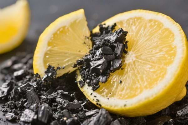 Deux quartiers de citron posés sur du charbon noir brillant.